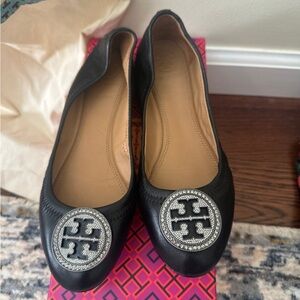 Tory Burch Black Flats with Silver Logo